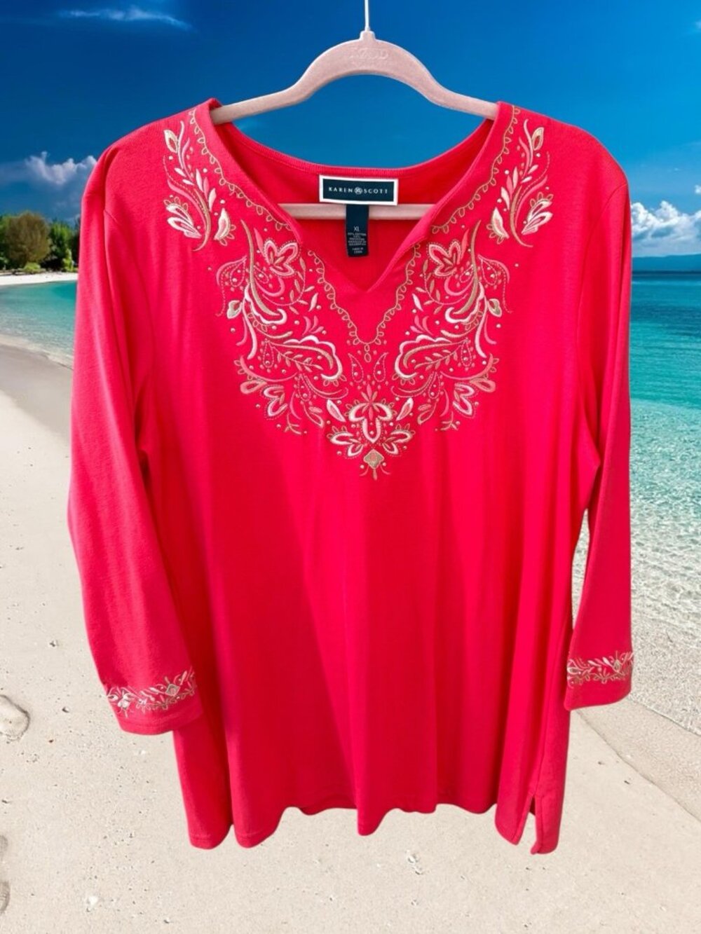Karen Scott Coral/Multicolor Floral 3/4 Silver Notched V-Neck Top-Size XL-NWT